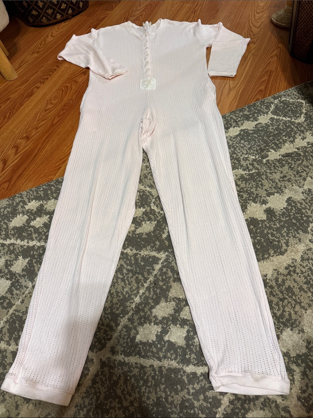 Vintage Victoria Secret one piece light pink with thermal pockets pajamas. Count